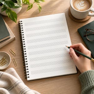 Op de afbeelding: Een spiraalgebonden muzieknotitieboek met witte pagina's voorzien van zwart gedrukte notenbalken. Het notitieboek ligt op een houten oppervlak naast een donkergroen boek, een keramische kop koffie, gouden paperclips en een plant.