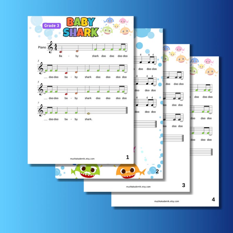 Baby Shark beginner piano sheet music arranged for one hand at Grade 1 level with 4 printable PDF versions, color coded notation, note names, finger numbers, and song lyrics. This easy piano resource helps children develop note recognition, rhythm, finger placement, and keyboard confidence while playing a familiar song. Great for young students, piano teachers, and home practice.