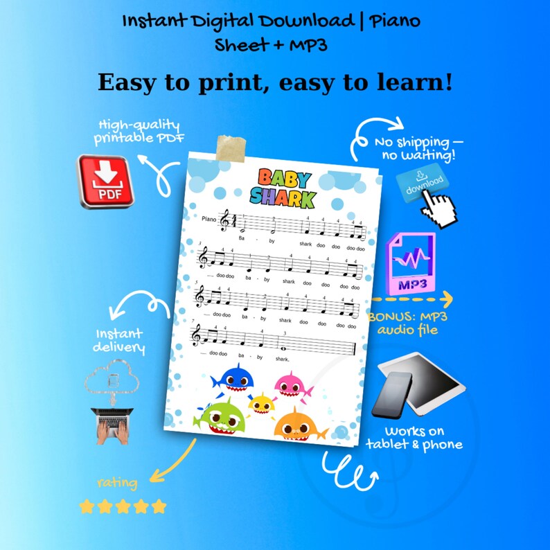 Easy Baby Shark piano sheet music for kids and Grade 1 learners with a simple one hand melody, 4 printable PDF versions, color notes, note names, finger numbers, and lyrics. This visual piano learning resource makes it easier for beginners to follow the music while practicing rhythm and coordination. Perfect for children’s piano lessons, preschool music, homeschool learning, and first piano repertoire.