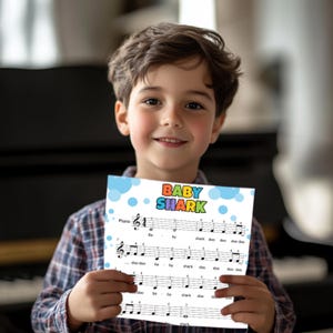 Printable Baby Shark Easy Piano Sheet Music Grade 1 with a beginner-friendly one hand arrangement, color notes, note names, finger numbers, and lyrics. Four PDF versions support different learning preferences and make the music accessible for young players. Perfect for first piano lessons, preschool and elementary music activities, homeschool education, beginner students, and children who enjoy learning through familiar songs.