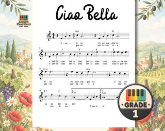 Pode incluir: Uma página de partitura intitulada Ciao Bella com notação musical, letras e símbolos de acordes. O documento inclui um pequeno logótipo no canto superior esquerdo e um emblema circular no canto inferior direito com Grade 1 e um piano.