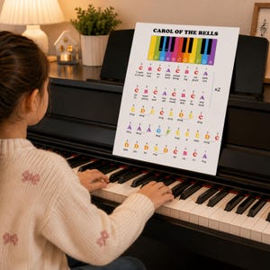 Easy color coded piano sheet music for Carol of the Bells with letter notes, finger numbers, and a visual keyboard guide. This beginner-friendly arrangement is perfect for first-time pianists who want to learn Christmas music without reading advanced sheet music. Includes PDF, MP3 practice audio, and MP4 tutorial video for a complete learning experience.