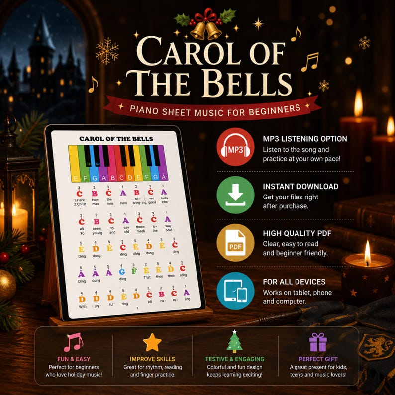 Easy color coded piano sheet music for Carol of the Bells with letter notes, finger numbers, and a visual keyboard guide. This beginner-friendly arrangement is perfect for first-time pianists who want to learn Christmas music without reading advanced sheet music. Includes PDF, MP3 practice audio, and MP4 tutorial video for a complete learning experience.