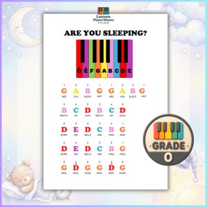 May include: A white sheet of music titled Are You Sleeping? featuring a colourful piano keyboard illustration with labelled keys. Below, the lyrics are colour-coded with corresponding letters and numbers to guide piano playing for beginners.