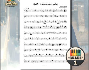Pode incluir: Uma folha de partitura para piano intitulada Spider Man Homecoming de Michael Giacchino. A página apresenta notação musical preta, pautas e numeração de dedos para iniciantes. Um emblema circular no canto exibe um ícone de piano colorido e o texto Grade 1.