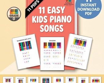 May include: A digital collection of 11 easy piano songs for children in PDF format. The cover features the text 11 EASY KIDS PIANO SONGS and 11 PDFS. Three sample pages show colorful piano keys and letter notes for songs like Married Life.