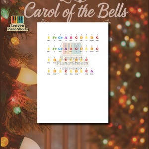 Learn to play Carol of the Bells with this color coded piano sheet music designed for beginners. Featuring letter notes, finger numbers, lyrics, and a visual keyboard guide, this simplified arrangement helps students recognize piano keys and play confidently. Includes PDF sheet music, MP3 audio, and MP4 video for step-by-step learning at home or during piano lessons.