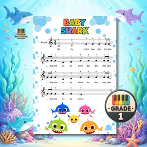 Baby Shark Easy Piano Sheet Music Grade 1 featuring a simple one hand piano arrangement for beginner players. Includes 4 printable PDF versions with color coded notes, note names, finger numbers, and lyrics to make learning easier and more enjoyable. Perfect for kids, first-year piano students, teachers, parents, preschool music lessons, and young beginners learning familiar children’s songs.