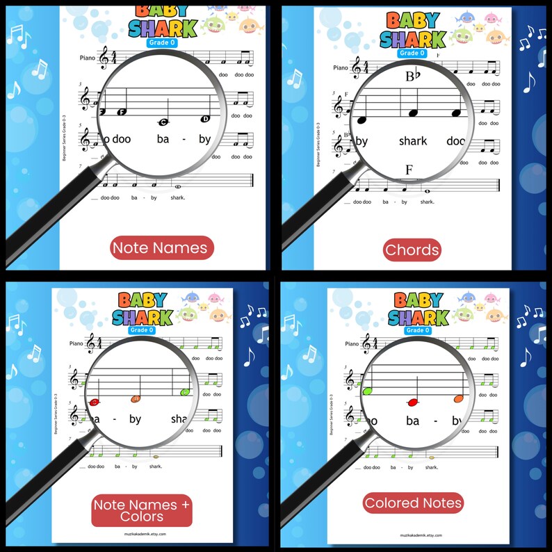Learn Baby Shark with this Grade 1 easy one hand piano sheet music featuring color notes, note names, finger numbers, and lyrics. The 4 PDF versions provide different visual learning options to help young pianists recognize notes and find the correct keys. Ideal for children, beginner piano lessons, music classrooms, homeschool activities, teachers, and parents looking for fun printable piano music.