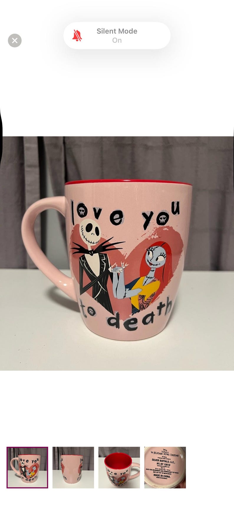 May include: Pink ceramic mug featuring Jack Skellington and Sally from The Nightmare Before Christmas, with the words "love you to death." The mug has a red interior and a curved handle.