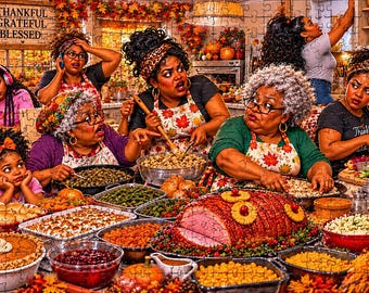 May include: A jigsaw puzzle depicting a multi-generational family preparing a Thanksgiving feast in a kitchen. The scene features a large glazed ham, various side dishes, and a sign on the wall that reads Thankful Grateful Blessed.