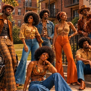 May include: A group of six individuals dressed in 1970s-style clothing, including plaid trousers, flared blue jeans, orange bell-bottoms, crochet halter tops, denim jackets, and brown suede shirts, posing outdoors near a vintage car and brick building.