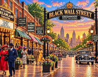 May include: A jigsaw puzzle depicting a historic street scene with a large archway reading Black Wall Street, Greenwood, Tulsa, Oklahoma. The scene features vintage cars, people in period clothing, and storefronts like Williams Dreamland Theatre.