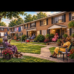 May include: A brick apartment complex with a sign reading Neighbors Make Life Brighter. Several individuals sit in chairs on porches and lawns. A clothesline with hanging laundry stands in the yard, and a brown and white dog rests on the grass.