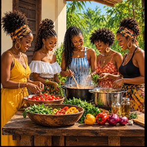 May include: Five individuals with dark skin and textured hair prepare a meal together at a wooden table. They are surrounded by bowls of fresh produce including red tomatoes, yellow and red bell peppers, green herbs, and red onions.