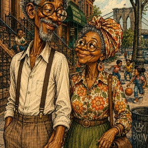 May include: An illustration of an older couple holding hands on a Brooklyn street. The person on the left wears a white shirt with brown suspenders and glasses. The person on the right wears a floral shirt, headwrap, and glasses, with a brown bag.