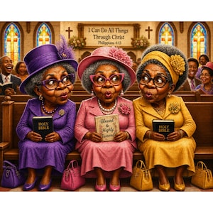 May include: A colorful illustration of three older individuals sitting in a church pew, wearing matching hats and dresses in purple, pink, and yellow. Each person holds a book, with text on the wall reading I Can Do All Things Through Christ.