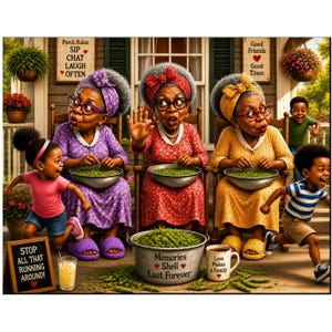 May include: Three older individuals in purple, red, and yellow dresses sit in wooden chairs shelling peas. Two children run nearby. A large bowl reads "Memories Shell Last Forever," a mug says "Love Makes a Family," and signs read "Porch Rules: Sip Chat Laugh Often" and "Good Friends Good Times."