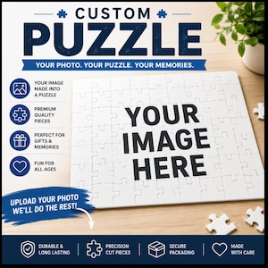 May include: A custom jigsaw puzzle with white pieces featuring the text YOUR IMAGE HERE in black. The surrounding text includes CUSTOM PUZZLE, YOUR PHOTO. YOUR PUZZLE. YOUR MEMORIES., UPLOAD YOUR PHOTO WE'LL DO THE REST!, and various icons with labels.