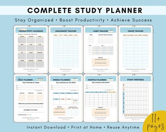 May include: A digital study planner with a light blue background. The planner includes sections for productivity, assignments, habits, grades, daily and weekly planning, monthly goals, and a study timetable. Text includes "Complete Study Planner" and "Stay Organized • Boost Productivity • Achieve Success."