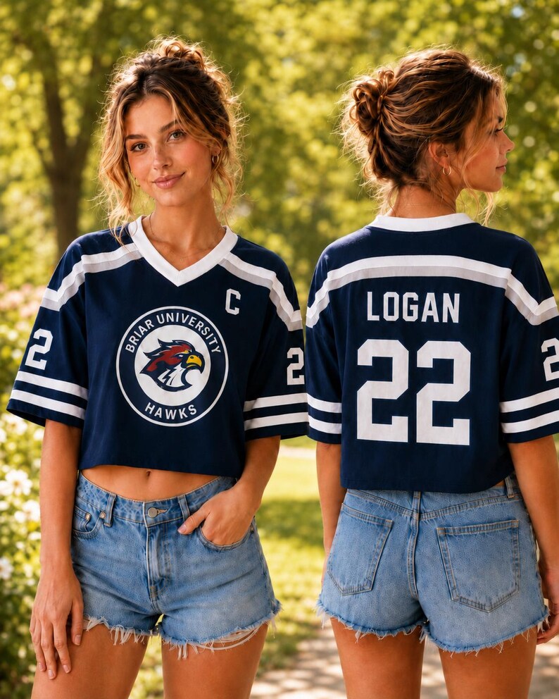 A young woman wearing a navy blue crop top with a white and navy blue design, a white "C" on the front, and the name "Logan" and the number "22" on the back. She is also wearing denim shorts.