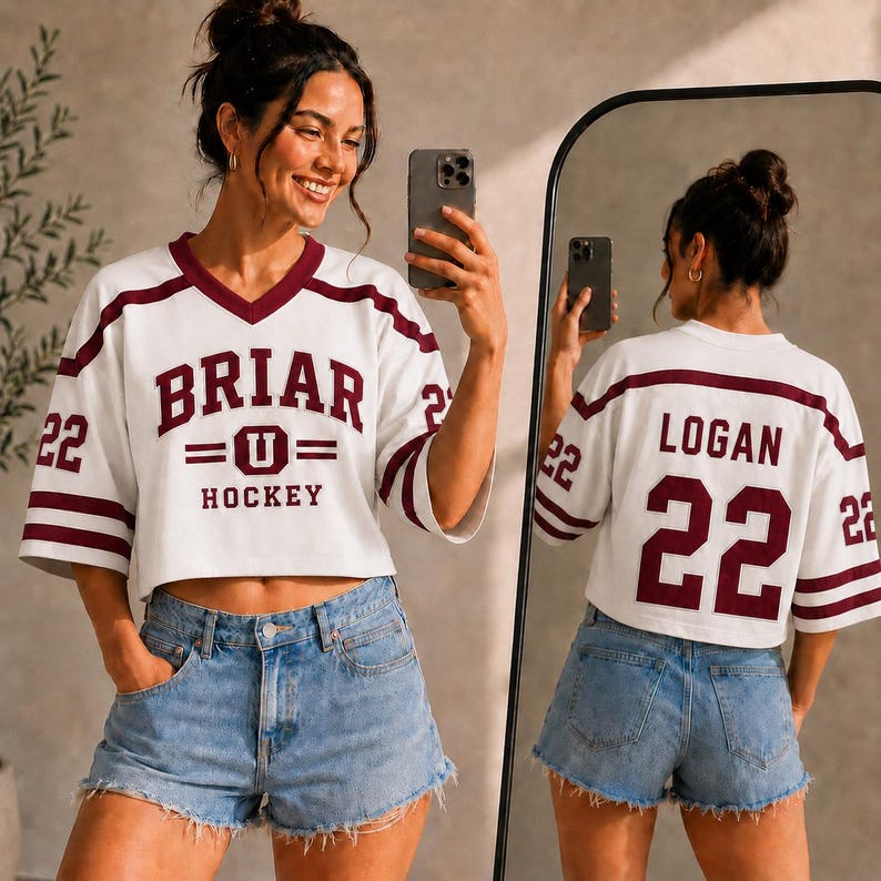 A woman wearing a white and maroon hockey jersey with the number 22, taking a selfie in front of a mirror.