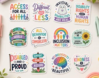 12Pcs Disability Awareness Stickers Pack, Accessibility and Human Rights Gift, Invisible & Proud Vinyl Decals