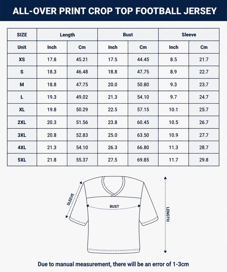 The image is a printed crop top football jersey size chart, which includes measurements for different sizes and corresponding bust, length, and sleeve measurements.