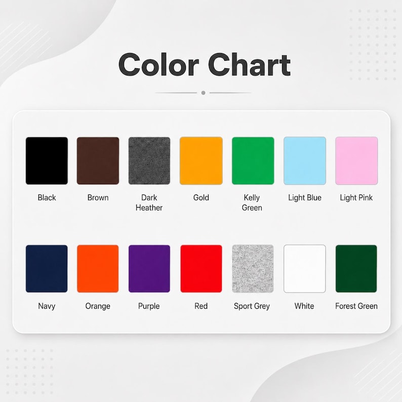 The image is a color chart displaying various color options, including black, brown, dark, gold, kerry, light blue, light pink, navy, orange, purple, red, sport grey, white, and forest green.