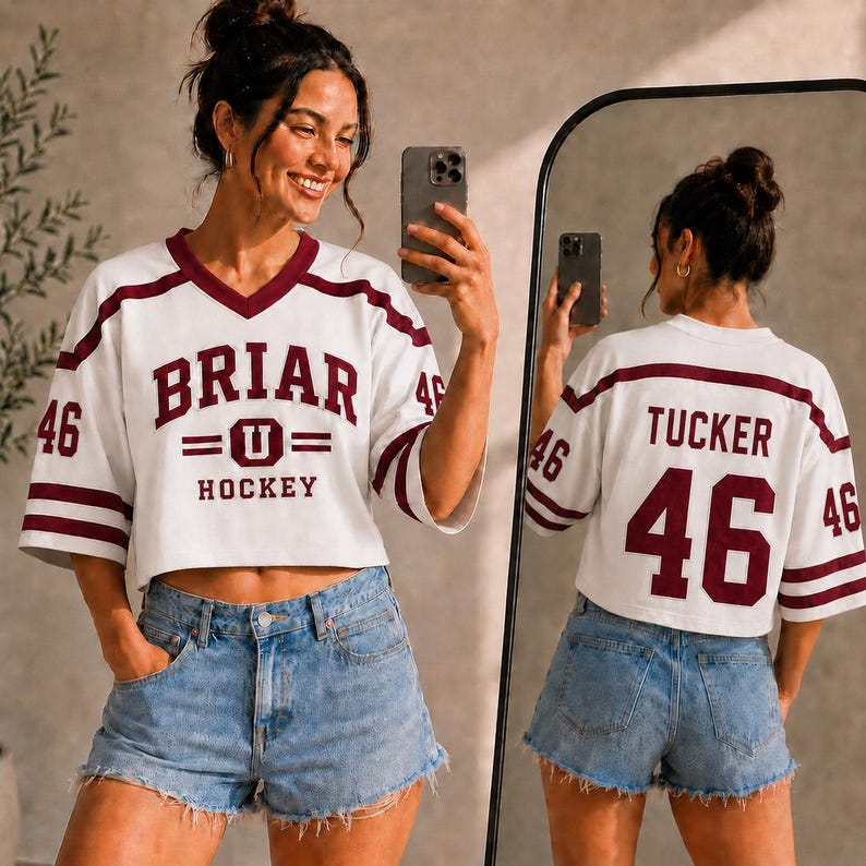 A woman wearing a white and maroon hockey jersey with the number 46, taking a selfie in front of a mirror.