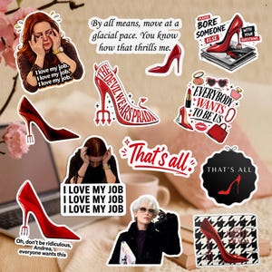 May include: A collection of stickers featuring red high heels, quotes, and images from the movie "The Devil Wears Prada." The stickers include phrases like "I love my job," and "That's all," along with the film's title.