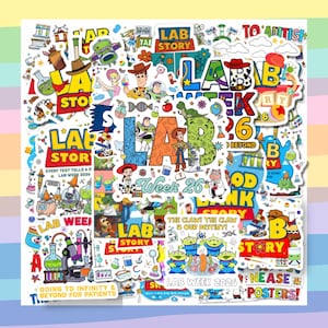May include: A collection of colorful stickers with various designs and text. The stickers feature characters and phrases from the movie Toy Story, along with lab-themed elements. Text includes "LAB STORY", "LAB WEEK 2026", and "THE CLAW! THE CLAW IS OUR DESTINY!"