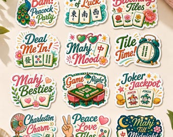 12pcs Mahjong Sticker Pack, Mahj All Day, Mahjong Social Club Sticker, Bird Bam Cheer, Mahj Squad Sticker, Waterproof Vinyl Decals