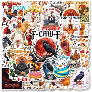 May include: A collection of colorful stickers featuring various rooster and crow illustrations. The stickers include text such as "F-CAW-F", "I DID THE MATH", and "PER MY LAST EMAIL". The designs vary from cartoonish to more detailed, with a mix of colors.