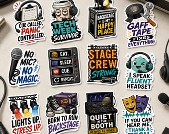 12Pcs Tech Week Stage Crew Sticker, Theater Crew Vinyl Decal, Backstage Drama Club Sticker for Laptop Water Bottle