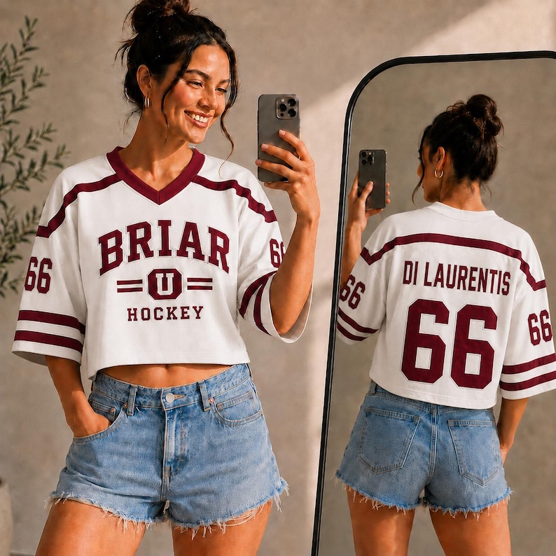 A woman wearing a white hockey jersey with the number 66 and denim shorts is taking a selfie in front of a mirror.