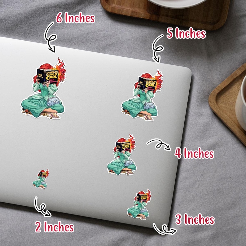 stickers of a woman reading a book, with sizes ranging from 6 inches to 3 inches.