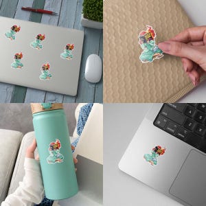 The image is a collage of four photos showing a person holding a turquoise water bottle, a laptop, a mouse, and a hand placing a sticker on a laptop.