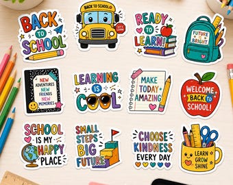 12PCS Back to School Sticker Pack, Cute School Stickers for Students, Laptop, Water Bottle, Classroom Reward Gift