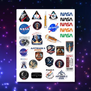 May include: A collection of colorful stickers featuring NASA and Artemis II logos and imagery. Designs include rockets, the moon, Earth, and text such as "Artemis II 2026" and "Return to the Moon."