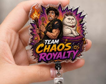 Team Chaos Royalty Badge Reel, Dungeon Crawler Inspired Acrylic ID Holder, Fantasy RPG Nurse Badge Clip, Cat Gamer Gift, Bookish Fan ID Gift