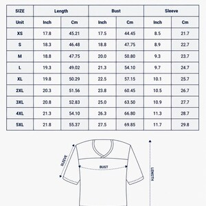 The image is a printed crop top football jersey size chart, which includes measurements for different sizes and corresponding bust, length, and sleeve measurements.