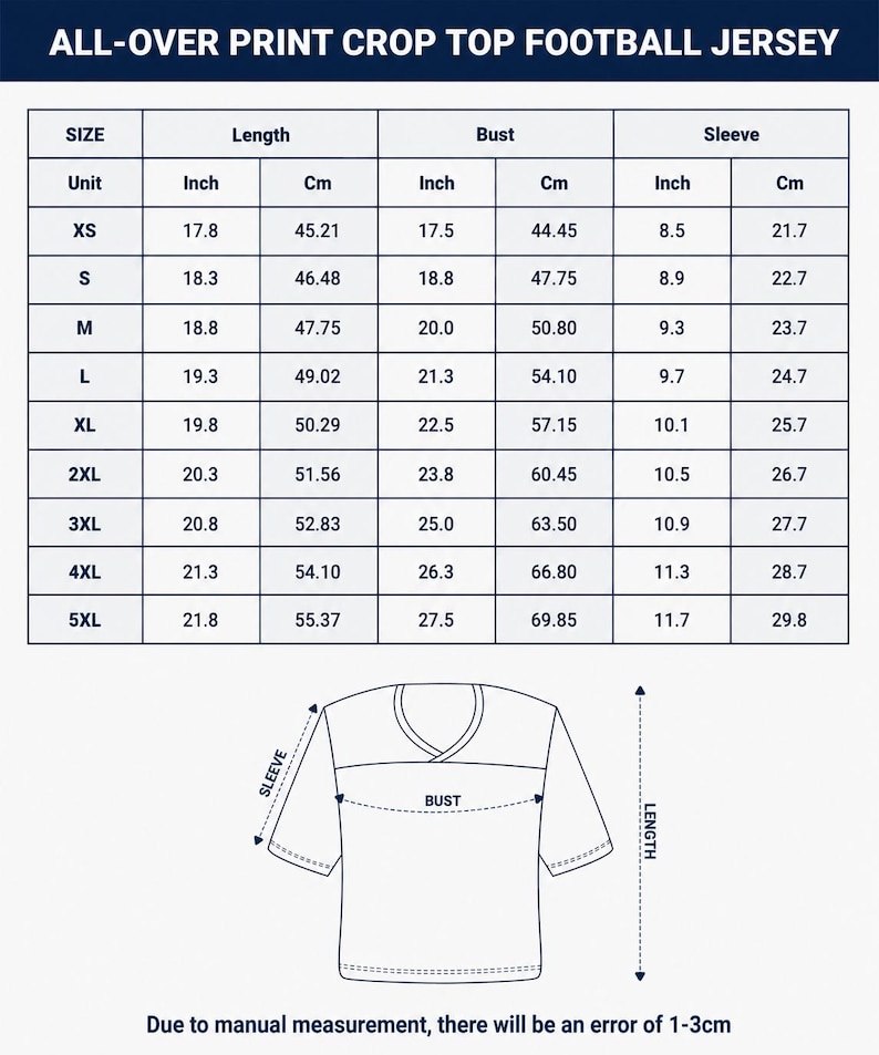 The image is a printed crop top football jersey size chart, which includes measurements for different sizes and corresponding bust, length, and sleeve measurements.