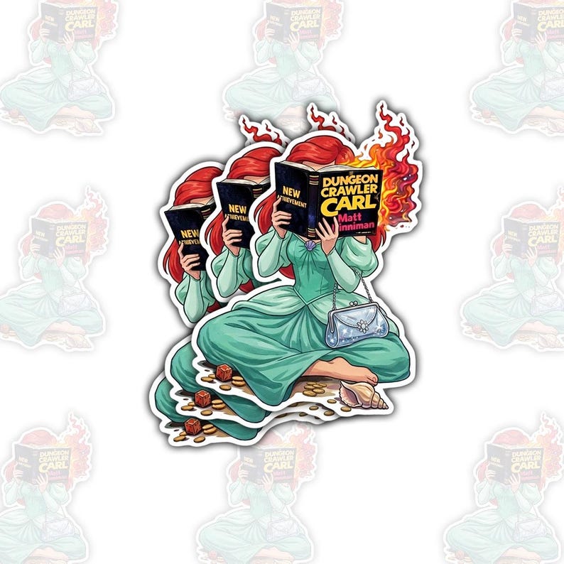 A collage of multiple images depicting a woman reading a book titled "Dungeon Crawler Carl" with flames emanating from her head.