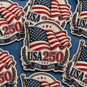 May include: Patches with a patriotic theme. Each patch features the American flag with red and white stripes and blue stars. The text "USA 250" is displayed, along with the years "1776" and "2026".