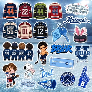 May include: A collection of hockey-themed stickers featuring jerseys, cartoon characters, and text. The jerseys display names and numbers. Other stickers include a key, a hockey puck with bunny ears, and the words "Briar" and "Hawks".