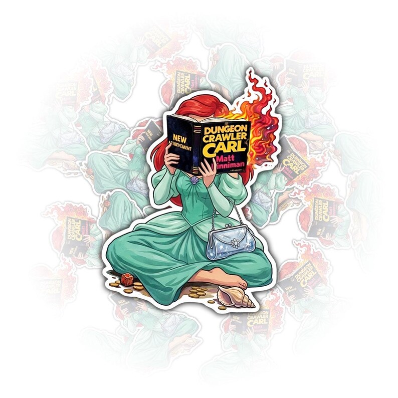 A woman in a green dress is sitting on the ground and reading a book titled "Dungeon Crawler Carol".