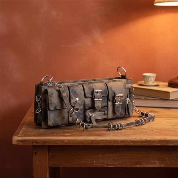 Y2K Grunge Shoulder Bag | Distressed Leather Style Punk Purse 