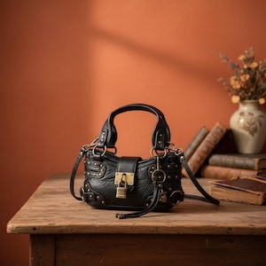 以下が含まれることがあります： 黒い革のハンドバッグ。上部にハンドルと取り外し可能なショルダーストラップが付いています。バッグには、スタッド、リング、ロッククロージャーなど、ゴールドカラーのハードウェアが使用されています。木製のテーブルの上に置かれています。