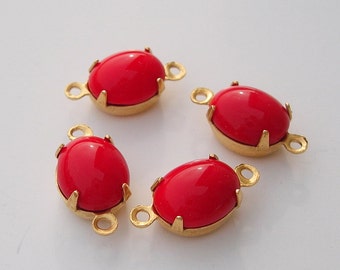 4pcs-10x8mm Vintage Glass Oval Stone Opaque Red Prong Settings Closed Back  2 Loops.